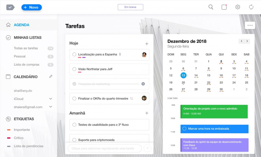 tela agenda do aplicativo any.do