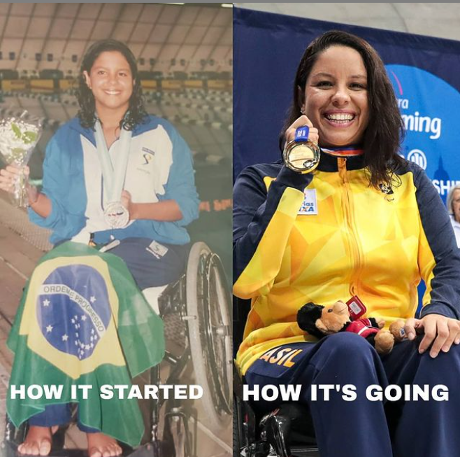 Imagem de comparação de antes e depois. Na esquerda temos Edênia em sua primeira medalha, e na direita a vitória mais recente. Em ambas ela está sobre a cadeira de rodas e sorri, ao segurar a medalha. A esquerda está escrito “How it started/ Como começou” e a direita está escrito “How It’s going/ Como está indo”.