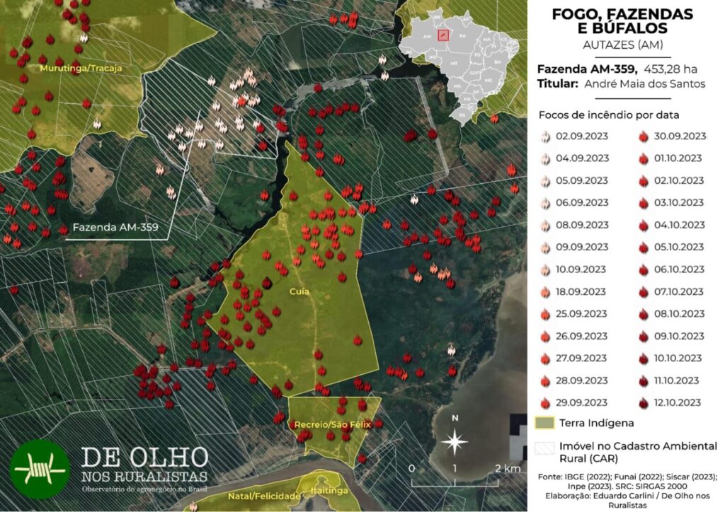 Pontos mais claros mostram focos originais do fogo que tomaria as TIs Cuia e Murutinga/Tracajá. (Cartografia: Eduardo Carlini/De Olho nos Ruralistas)