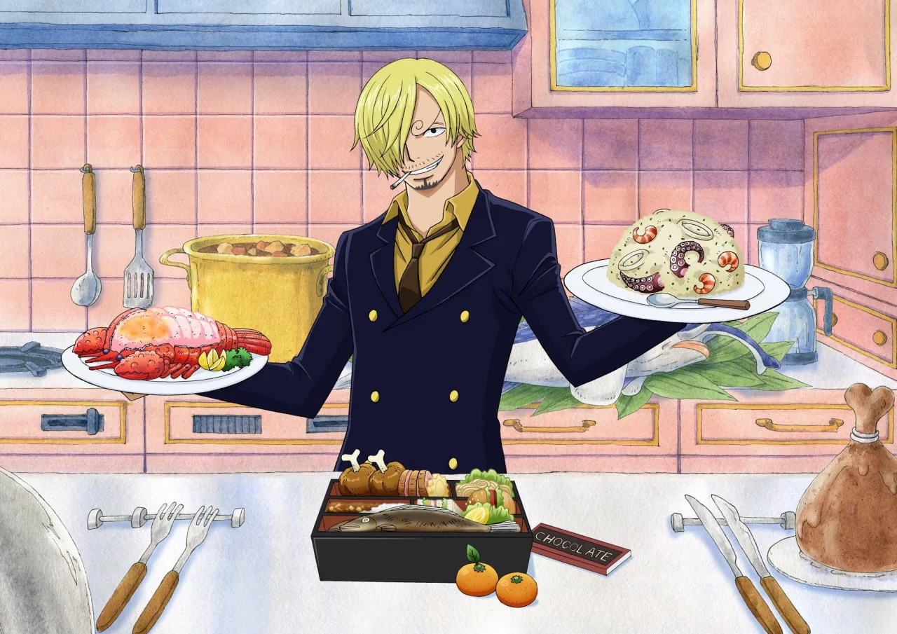 Sanji, personagem de "One Piece", está em uma cozinha, vestindo um terno azul escuro. Ele segura dois pratos: um com uma lagosta e outro com uma sobremesa decorada com polvo e camarão. Ao fundo, a cozinha é rosa com armários azuis, e na bancada à frente dele há uma marmita japonesa, uma barra de chocolate e tangerinas.