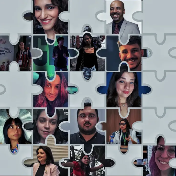 Imagem com design de Quebra-Cabeça contendo as imagens dos entrevistados que são Pessoas Autistas